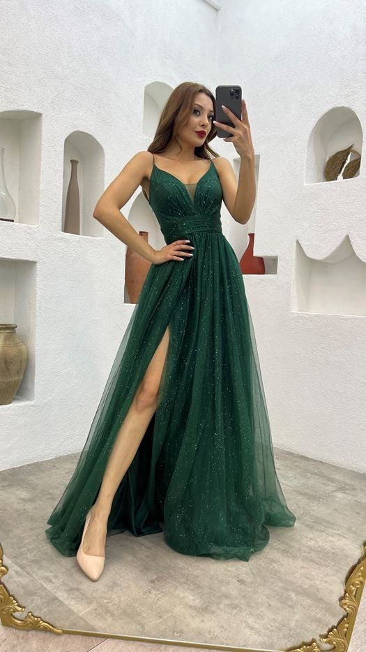 Emerald Green Off the Shoulder Prom Dresses With Slit Satin A-Line Eve –  vigocouture